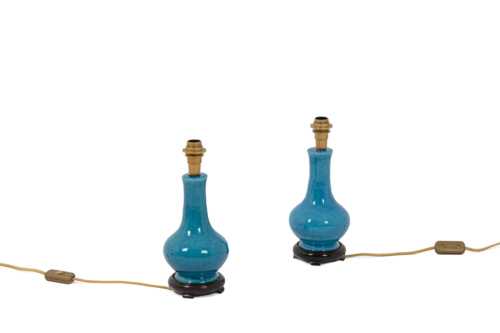 Pol Chambost, Paire de petites lampes en céramique et bronze doré, XXème siècle – Image 2