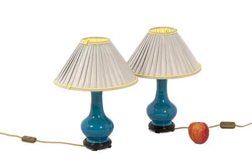 Pol Chambost, Paire de petites lampes en céramique et bronze doré, XXème siècle – Image 3