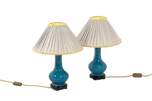 Pol Chambost, Paire de petites lampes en céramique et bronze doré, XXème siècle