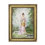 Plaque en porcelaine peinte figurant une pêcheuse, XIXe siècle