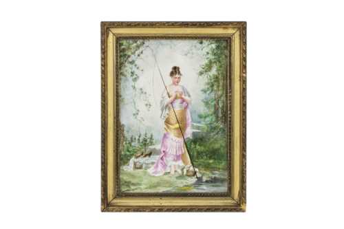 Plaque en porcelaine peinte figurant une pêcheuse, XIXe siècle
