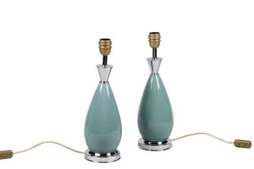 Paire de lampes en porcelaine bleue et laiton argenté, années 1970 – Image 3