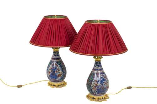 Paire de lampes en faïence de Delft et bronze doré, circa 1880